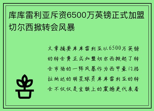 库库雷利亚斥资6500万英镑正式加盟切尔西掀转会风暴